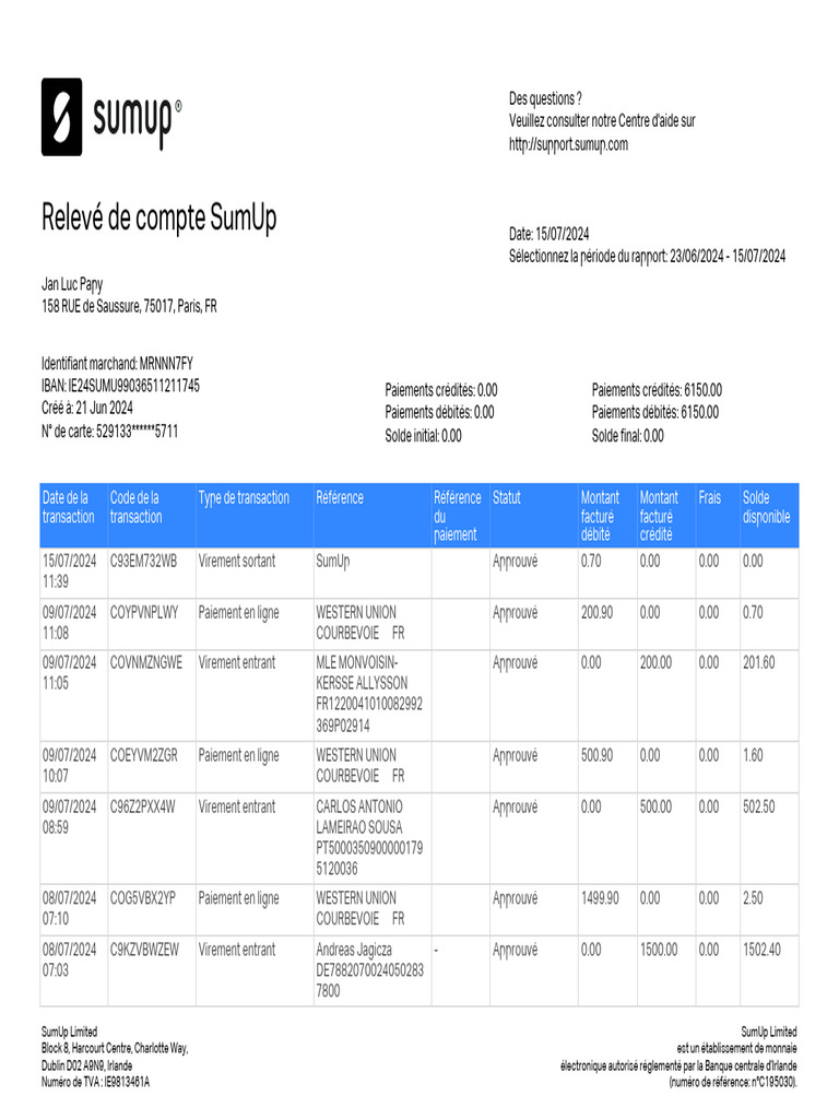 Relevé de compte SumUp - Juillet 2024 | PDF | Bancaire | Services ...