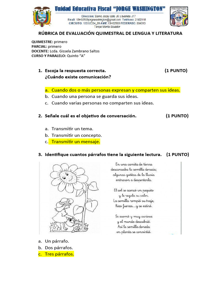 Rúbrica de Examen de Lengua y Literatura Quinto A | PDF