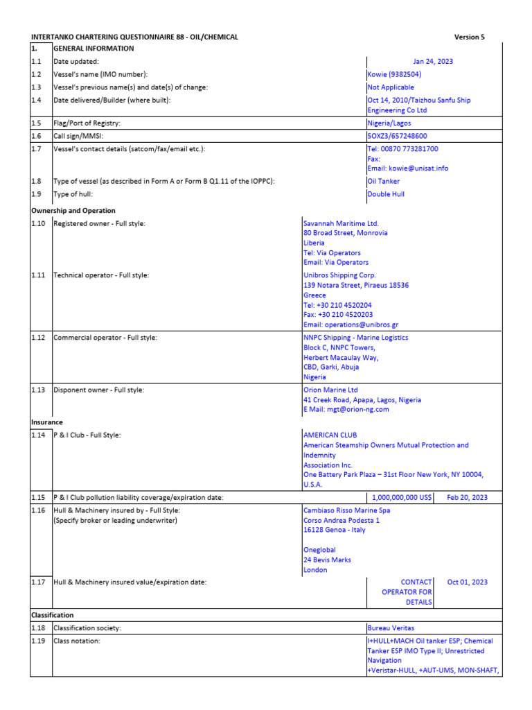 Kowie Q88 (Oil-Chemical) 24jan2023 | PDF | Tonnage | Ships