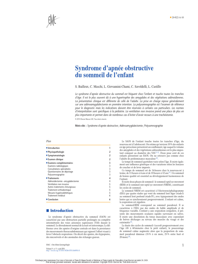 Apnée obstructive du sommeil chez l'enfant | PDF | Syndrome d'apnées du ...