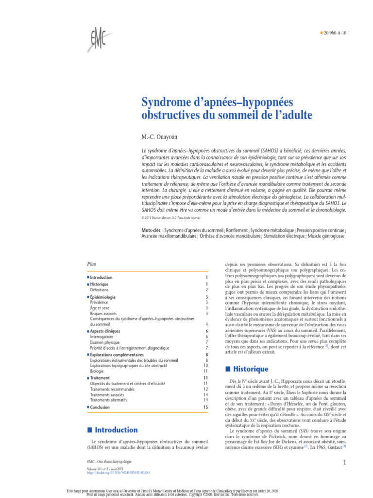 Syndrome d'Apnées-Hypopnées Obstructives Du Sommeil de L'adulte | PDF ...