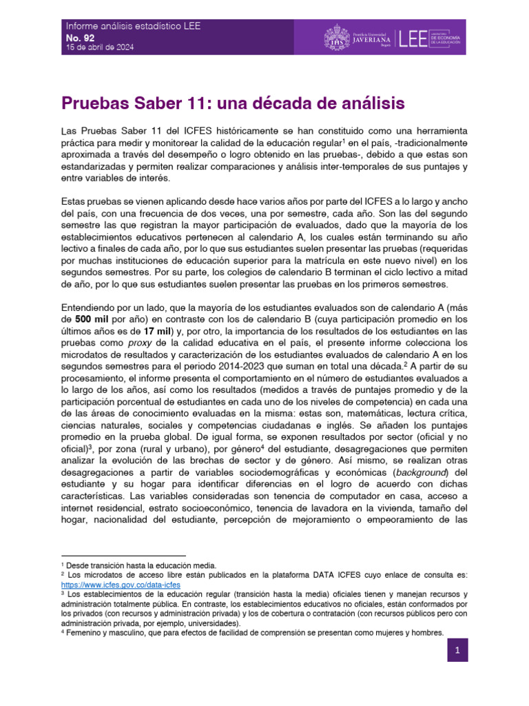 Lee Pontificia Universidad Javeriana. Pruebas Saber 11 - Una Década de ...