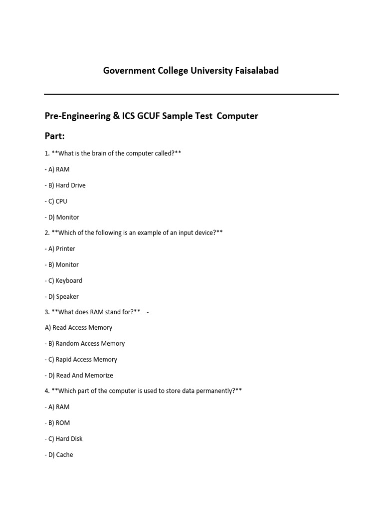 GCUF Entry Test Sample Paper | PDF | Acid | Random Access Memory