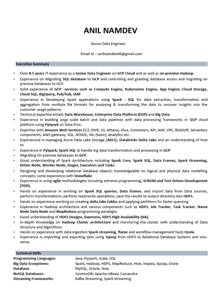 GCP Data Engineer Resume Overview | PDF | Apache Spark | Apache Hadoop