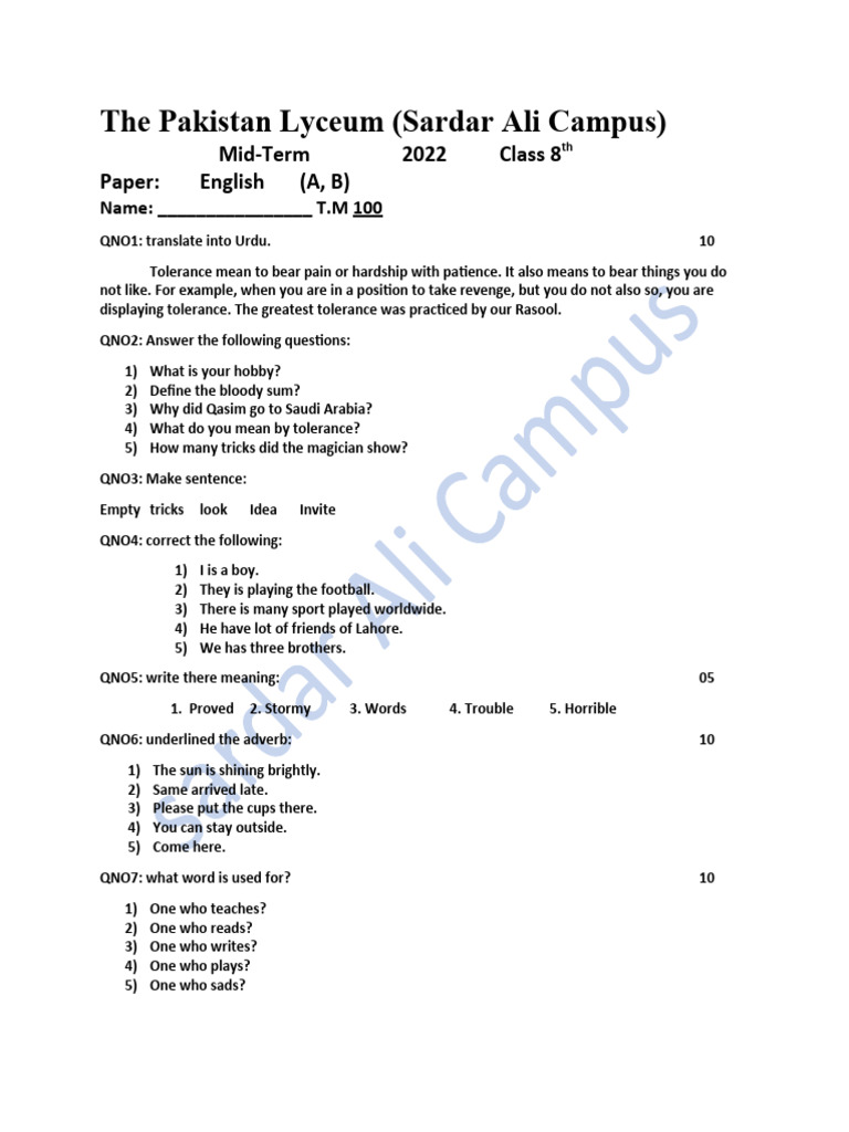 8th Grade English Mid-Term Exam Paper | PDF