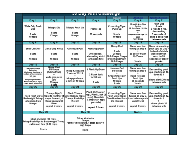 30 Day Arm Challenge Printable Calendar | PDF | Physical Exercise ...