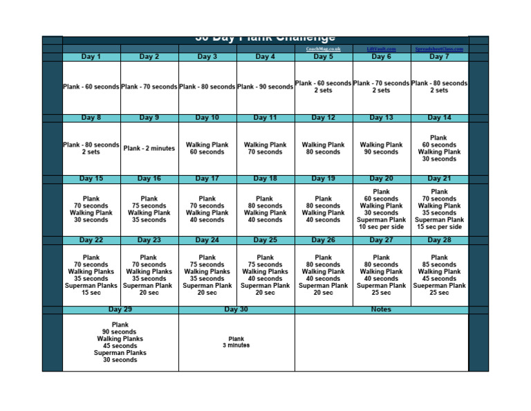 30 Day Plank Challenge Printable Calendar | PDF | Characters Created ...