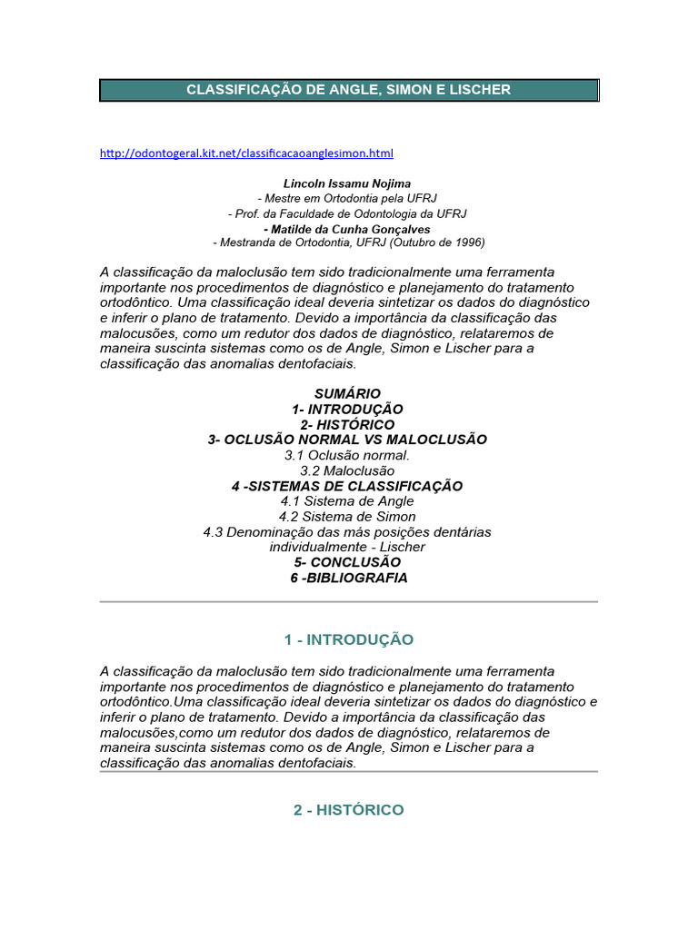 Classificação de Maloclusões: Angle, Simon e Lischer | PDF | Dente ...