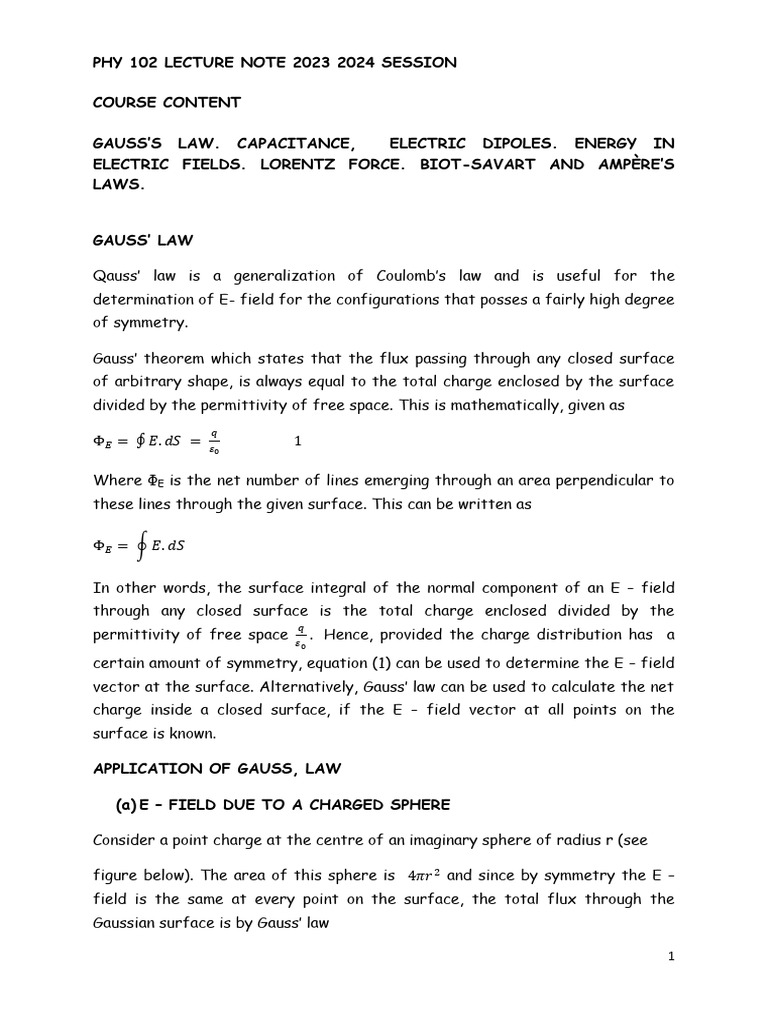 PHY 102 Lecture Notes: Gauss's Law | PDF | Dipole | Capacitance