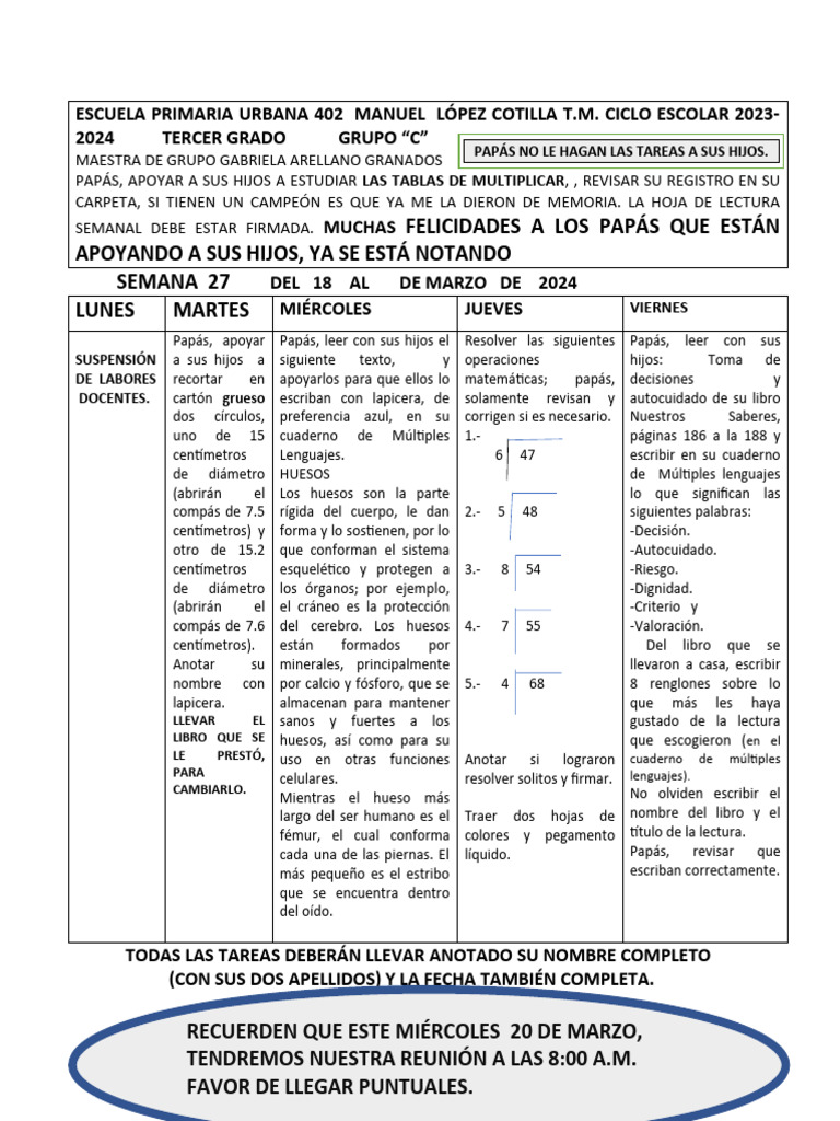 Actividades Semanales Tercer Grado 2024 | PDF | Artes del Lenguaje y ...