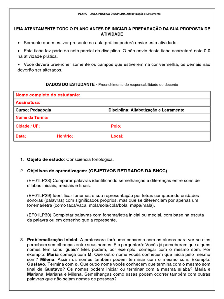 Modelo em PDF Plano de Aula de Alfabetização e Letramento | PDF ...