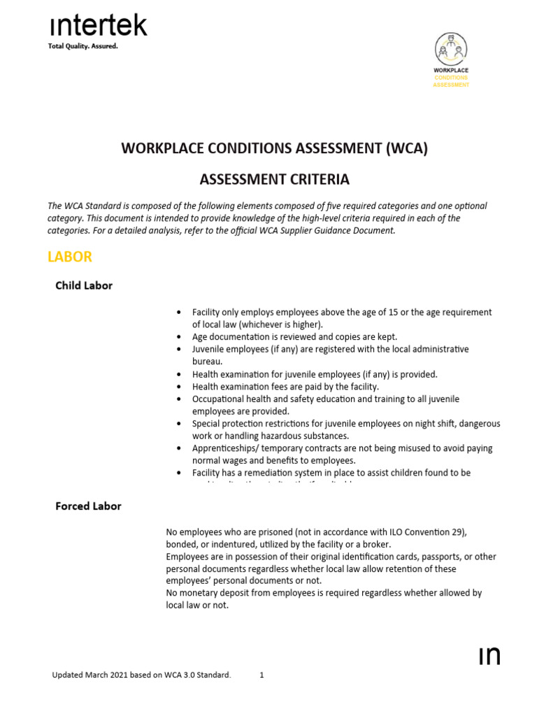 Wca 3 0 Assessment Criteria Pdf Employment Personal Protective