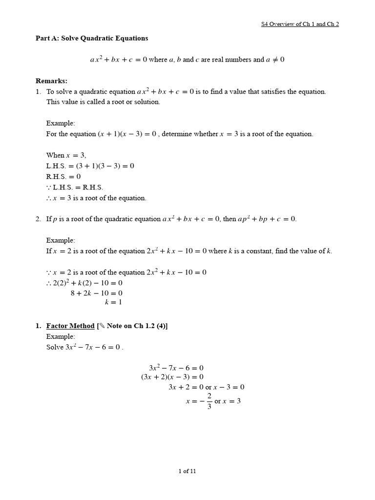 S4 Overview of CH 1 and CH 2 | PDF | Quadratic Equation | Equations