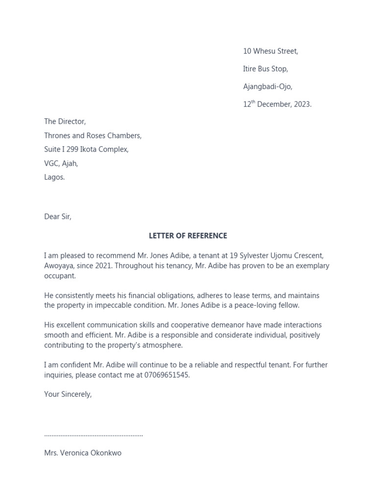 Reference Letter for Mr. Jones Adibe | PDF