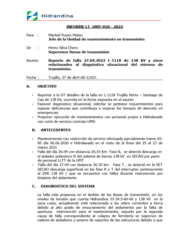 Informe Falla 138kv L 1118 Pdf Transmisión De Energía Eléctrica
