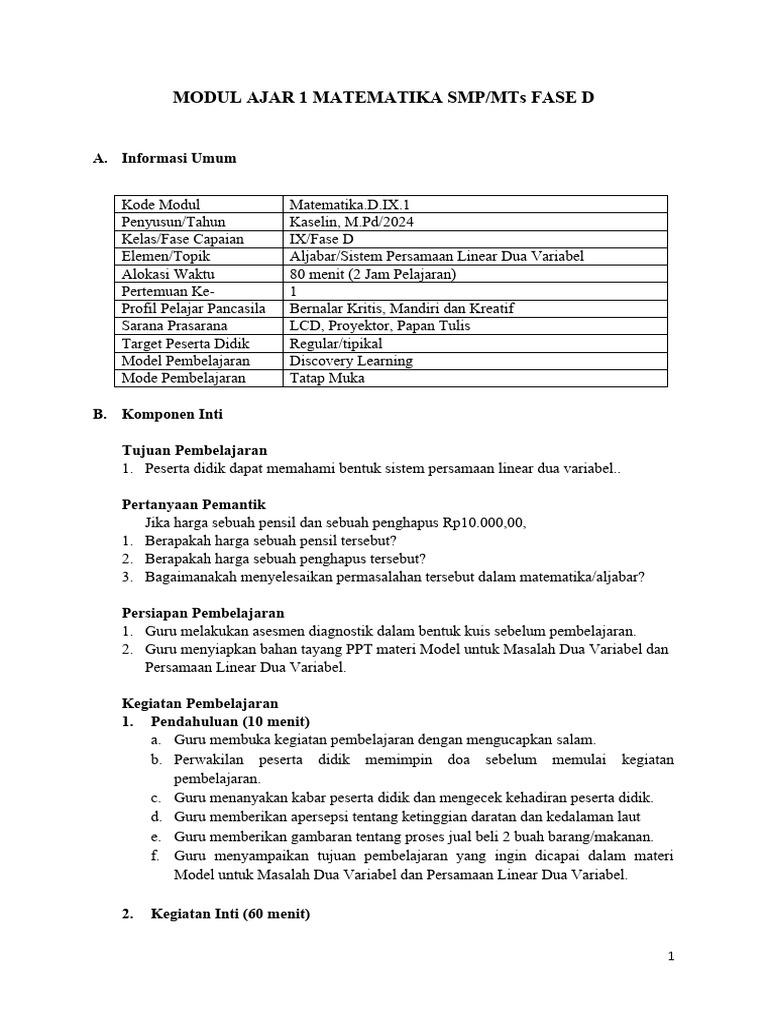 Modul Ajar Mat Kelas Ix Bab 1 SPLDV | PDF | Karier & Perkembangan ...