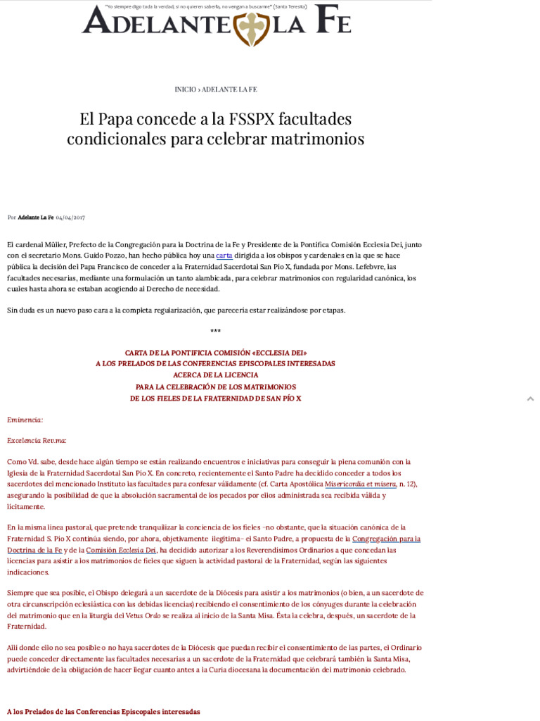 El Papa Concede A La FSSPX Facultades Condicionales para Celebrar ...