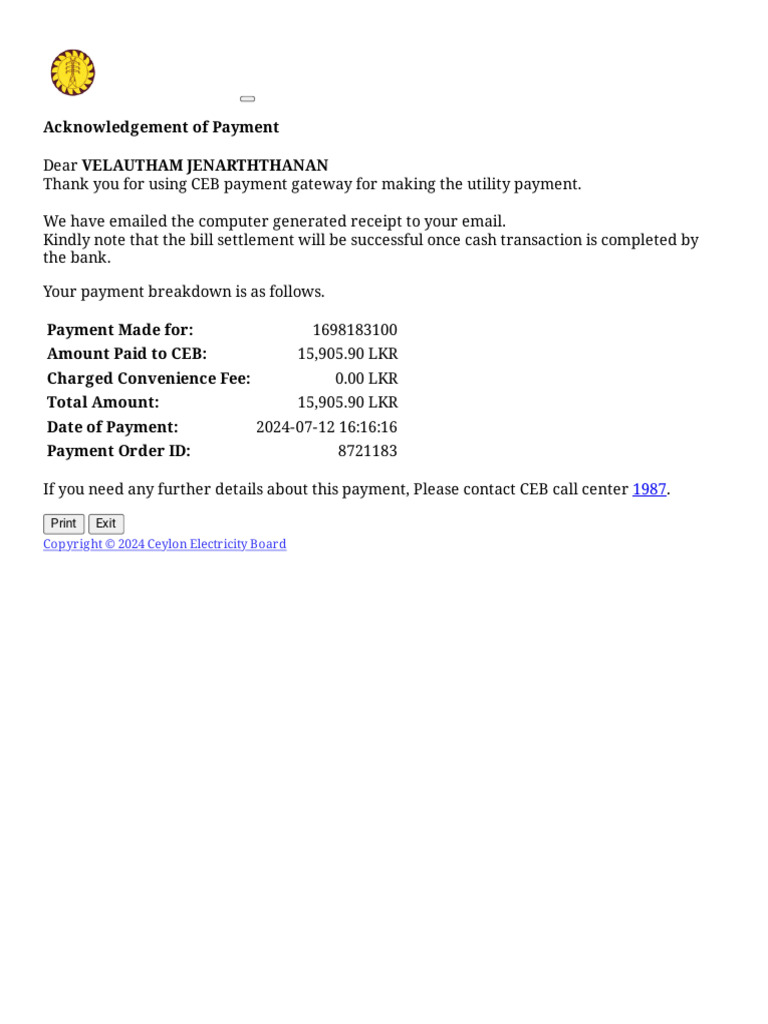 CEB Payment Acknowledgement Details | PDF