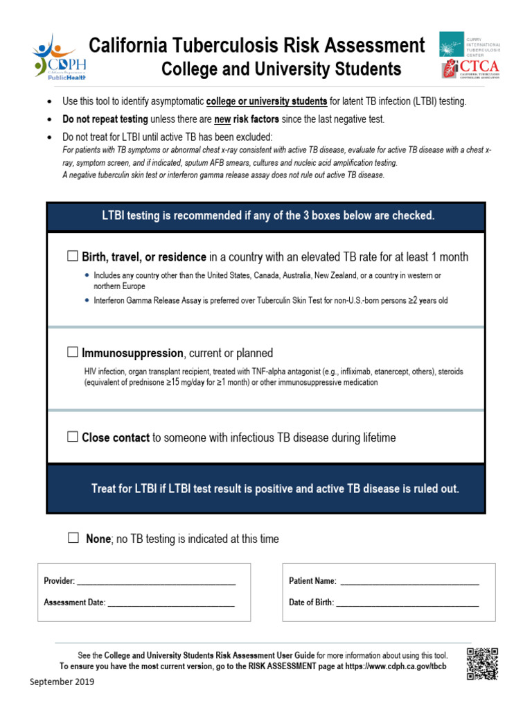 California TB Risk Assessment for Students | PDF | Tuberculosis ...