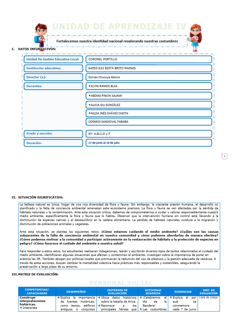 UNIDAD DE APRENDIZAJE 4 - 6º Grado | PDF | Entorno natural | Evaluación