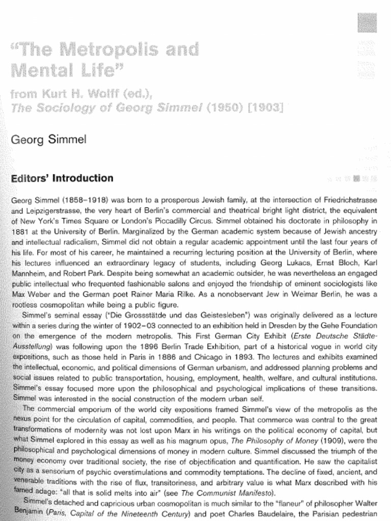 SIMMEL, Georg - The Metropolis and Mental Life | PDF | Sociology ...