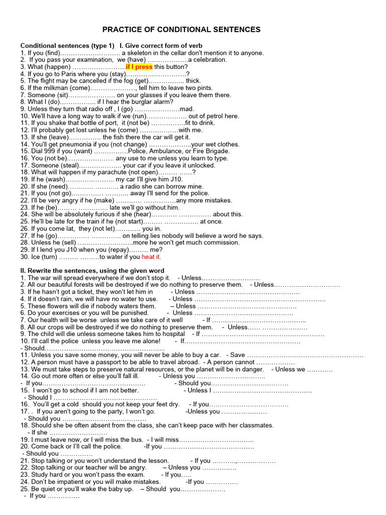 Practice Of Conditional Sentences A8 Pdf