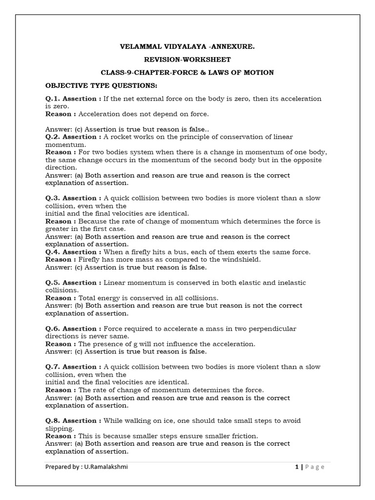 Class-9-Ch-Force &laws of Motion-Obj - Type QNS | PDF | Force | Newton ...