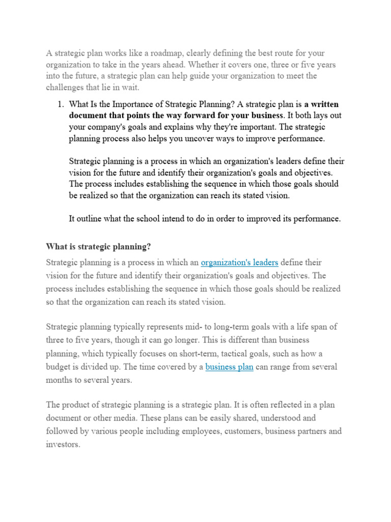 A Strategic Plan Works Like A Roadmap | PDF | Strategic Planning | Goal