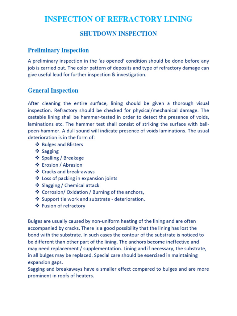 Inspection of Refractory Lining - (Shut Down) | PDF | Refractory ...