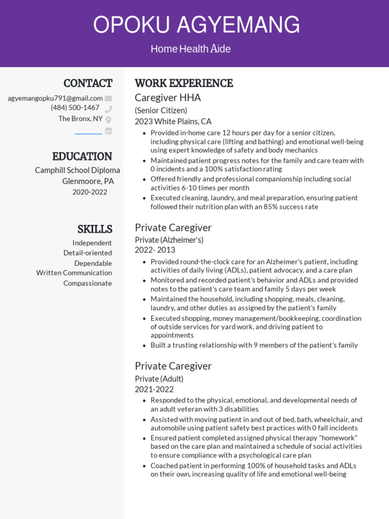 Hha Resume Opoku PDF Caregiver Psychology
