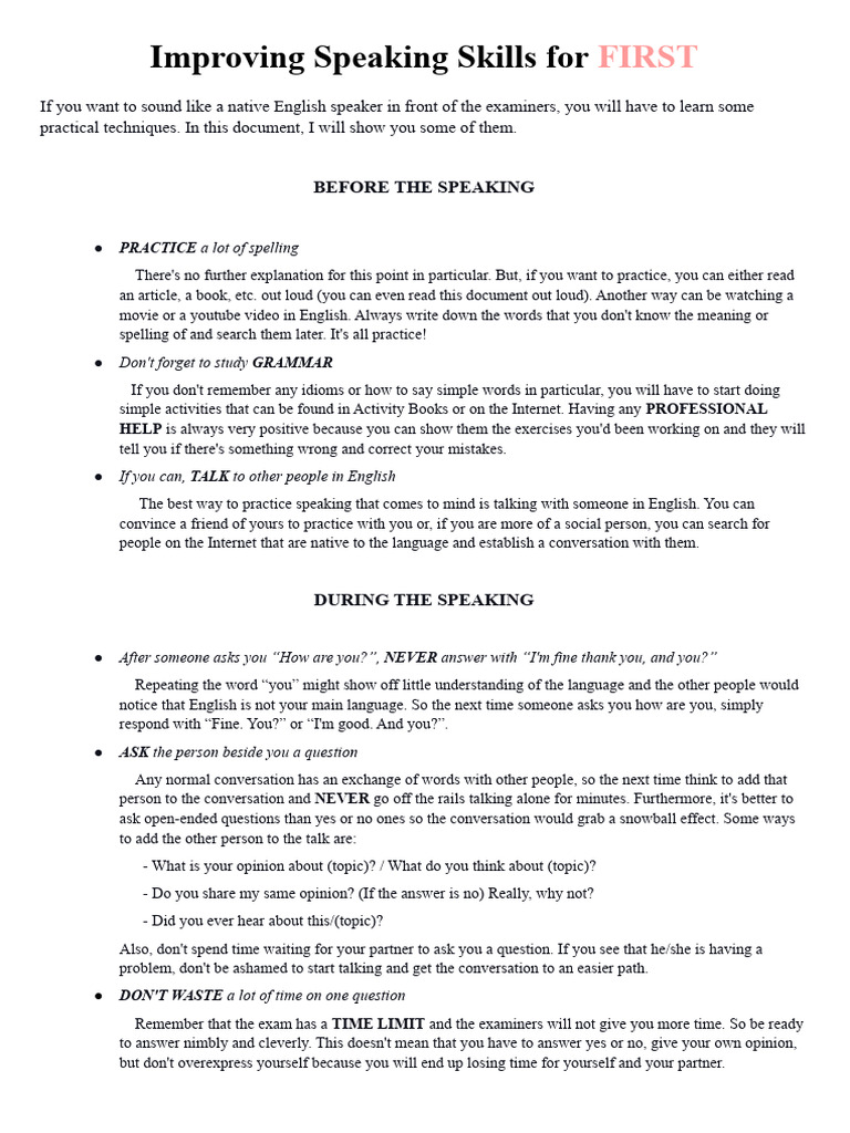 Improving Speaking Skills For FIRST Exam | PDF | English Language ...