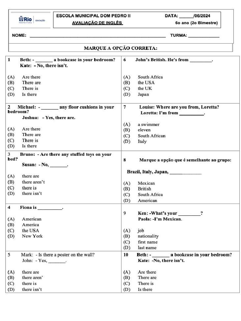 Prova de Inglês 6o Ano 2024 2o Bimestre | PDF