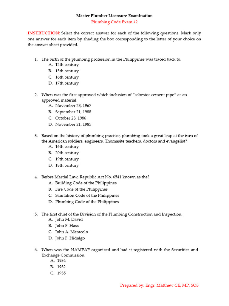 Question Plumbing Code Exam #2 | PDF | Plumbing | Sanitary Sewer