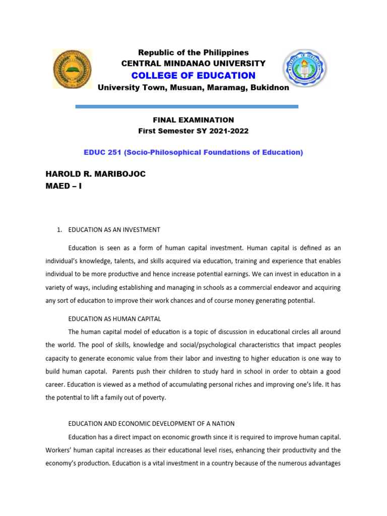 Harold R. Maribojoc Final Exam Educ 251 | PDF | Social Stratification ...