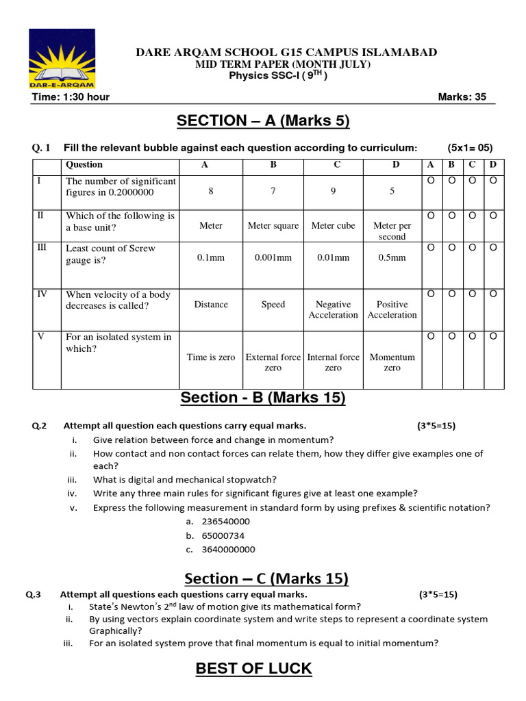 Class 9 Physics Mid Term Paper | PDF | Force | Momentum