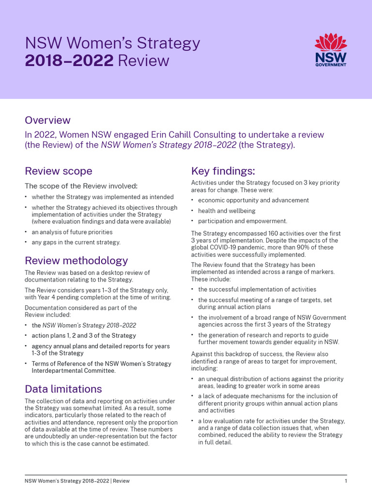 NSW Womens Strategy 2018-2022 Review | PDF | Woman | Gender Equality