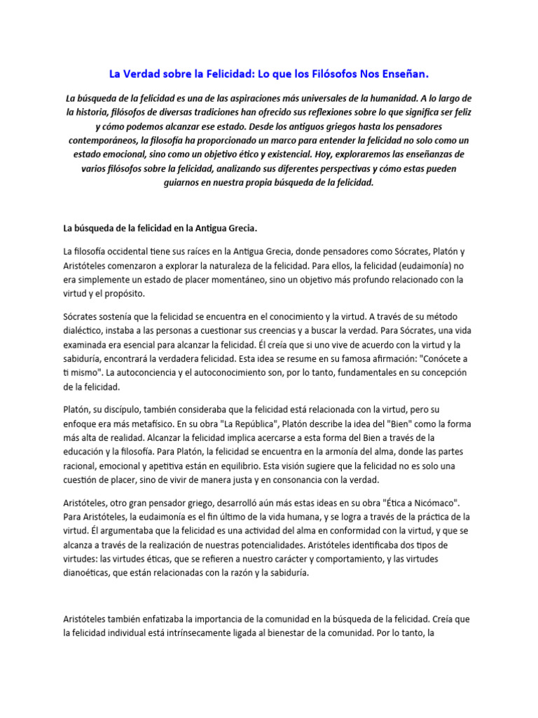 Filosofía y Búsqueda de la Felicidad | PDF | Virtud | Felicidad