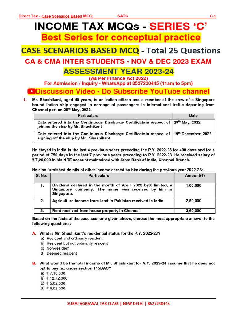 1E MCQs 25 CASE SCENARIO BASED MCQ INCOME TAX CA & CMA INTER NOV | PDF ...