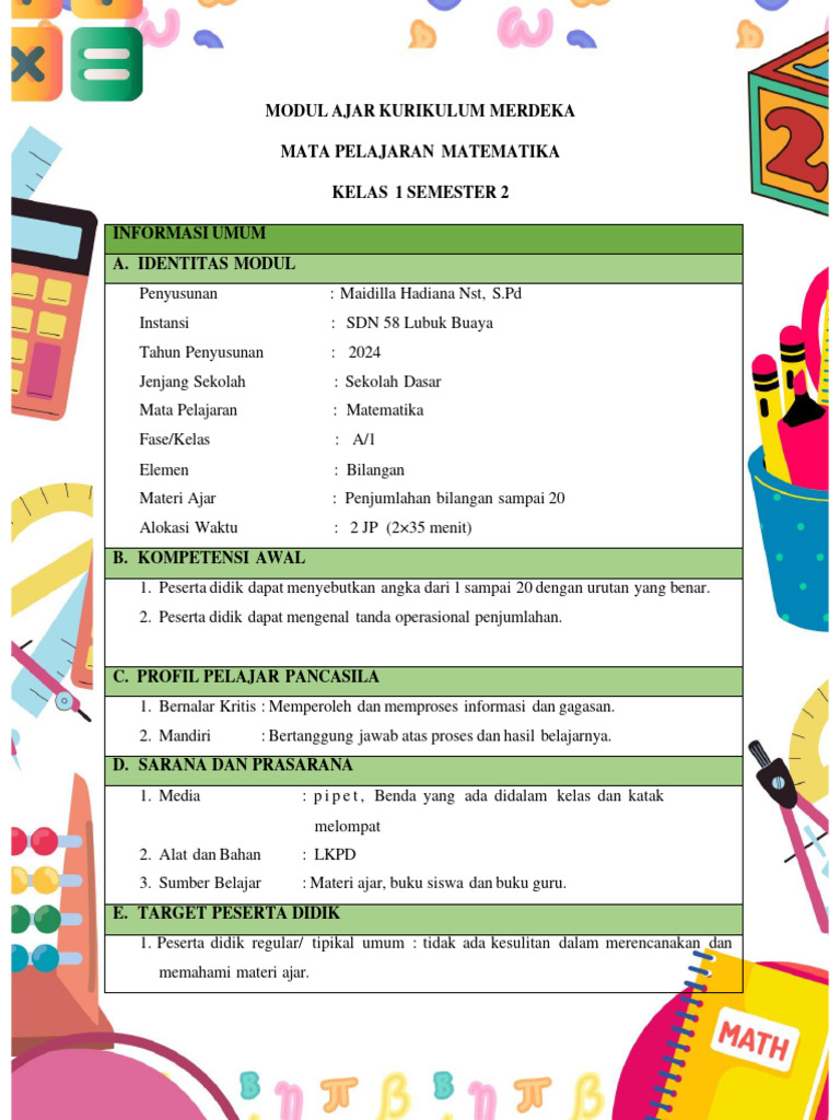 Modul Ajar Penjumlahan Kelas 1 SD | PDF | Karier & Perkembangan