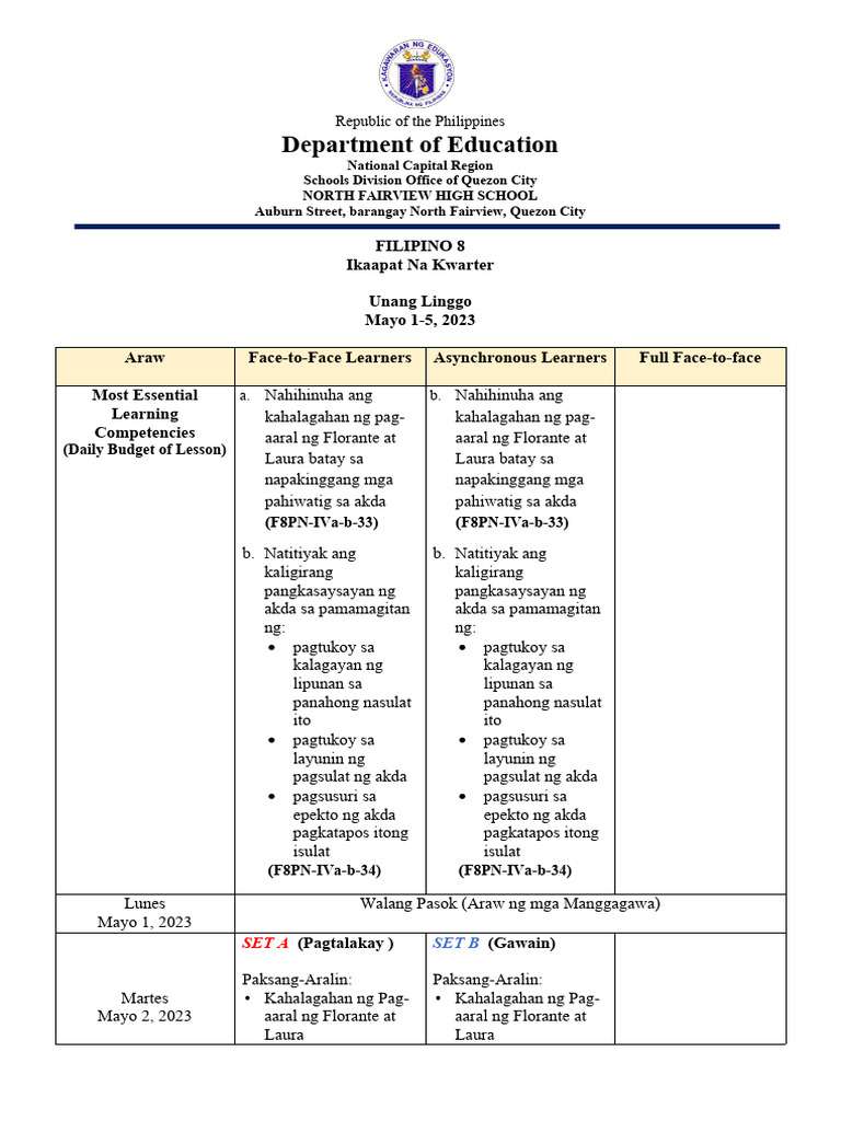 Filipino 8 Week 1 4 Plan Based On DBOW | PDF