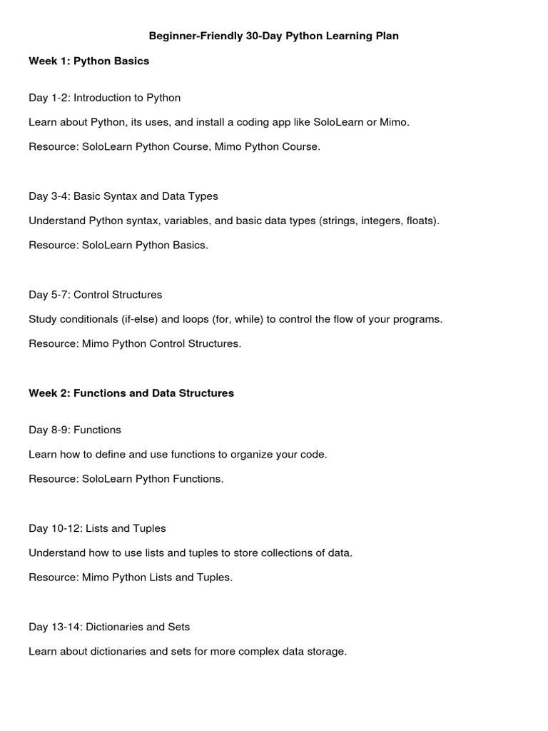 Python Learning Plan | PDF | Python (Programming Language) | Control Flow
