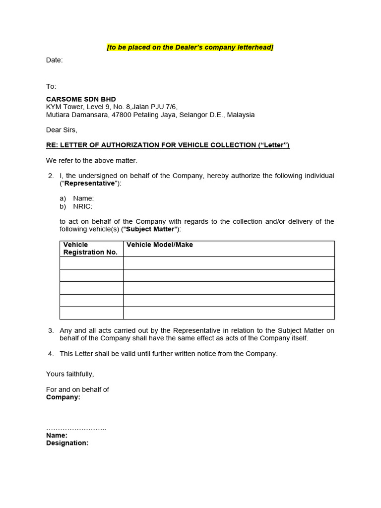 LETTER OF AUTHORIZATION FOR VEHICLE COLLECTION - v1 | PDF