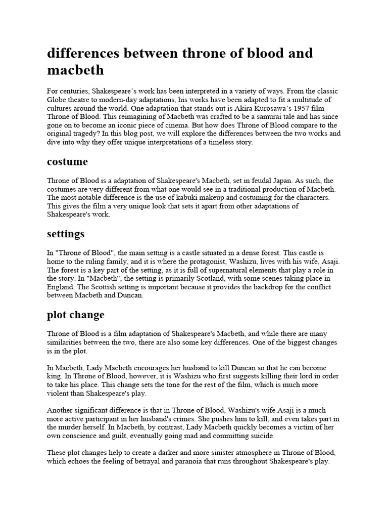 Throne of Blood vs. Macbeth: Key Differences | PDF | Macbeth