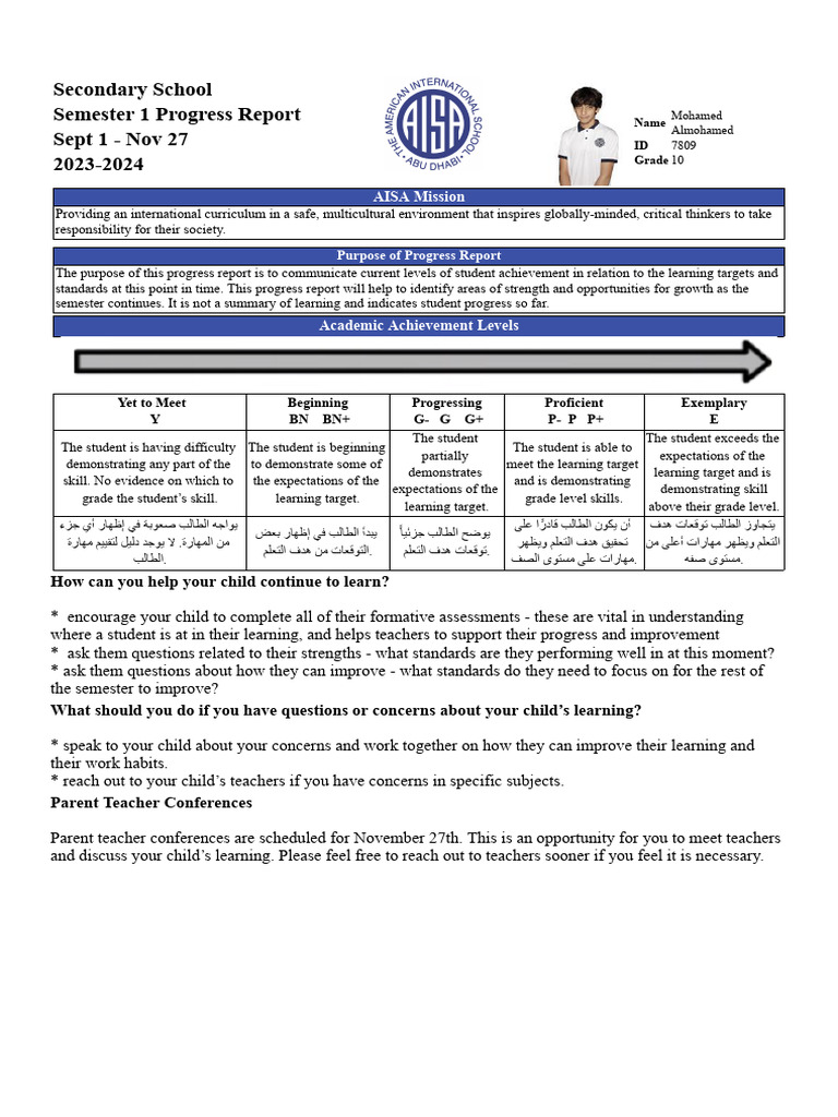 Grade 10 Semester 1 Progress Report | PDF | Learning | Mathematics