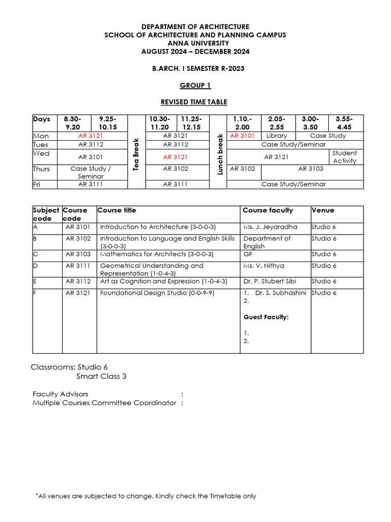 Revised Timetable ODD Semester Slot - July - Dec 2024 22.07.2024 | PDF ...
