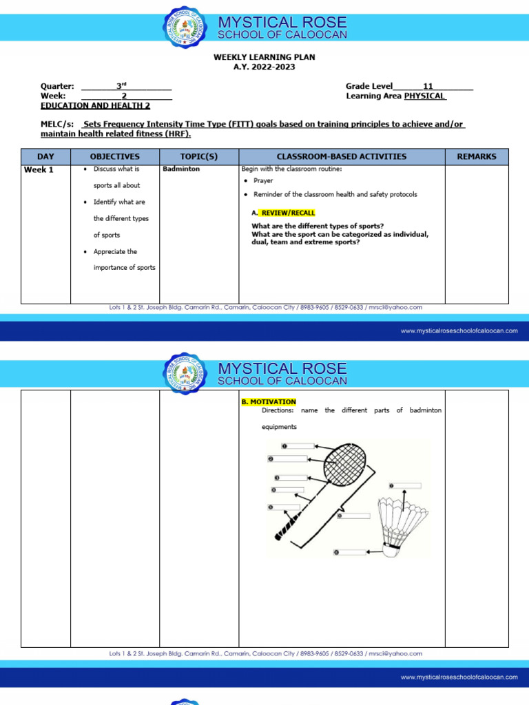 Grade 11 Weekly PE Learning Plan | PDF | Sports
