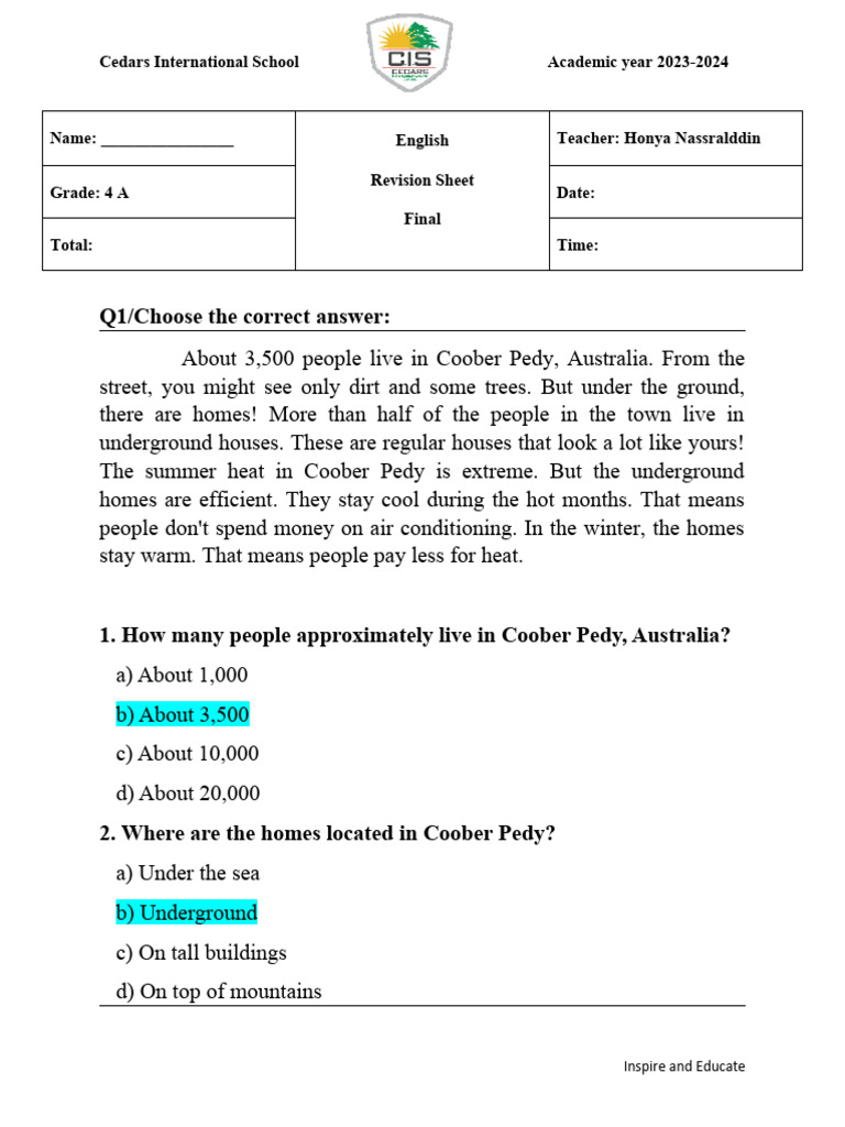 English Revision Final Grade 4 Answer Keys | PDF | Languages | Foreign ...