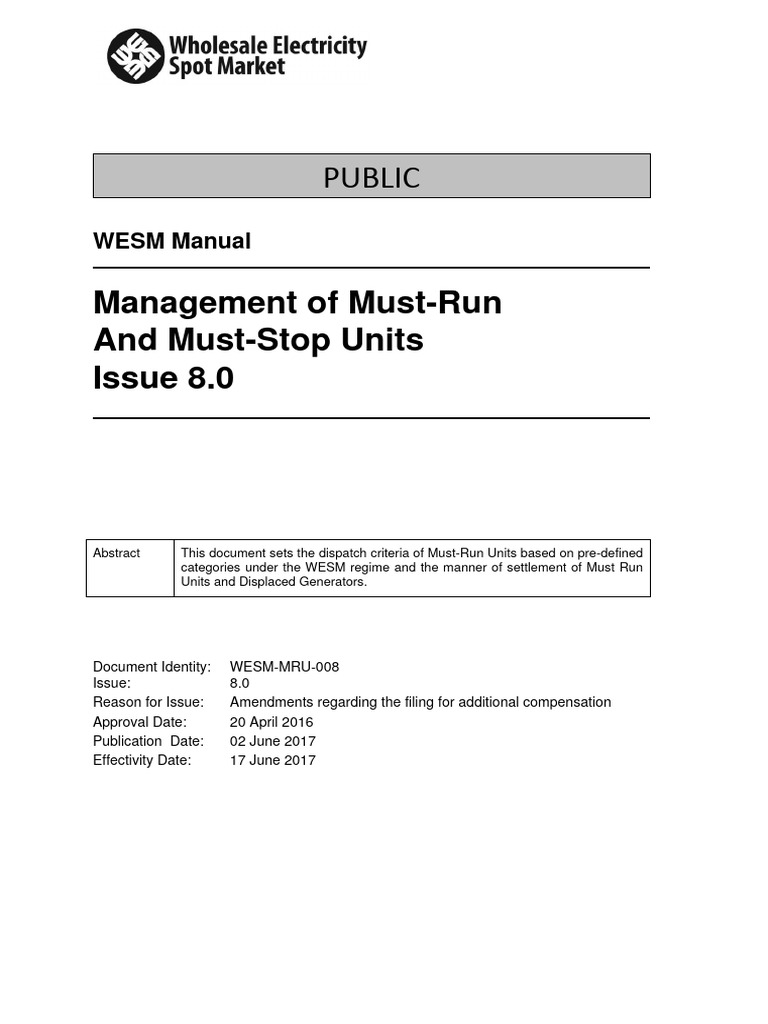 WESM Manual: Must-Run Unit Management | PDF | Electrical Grid ...