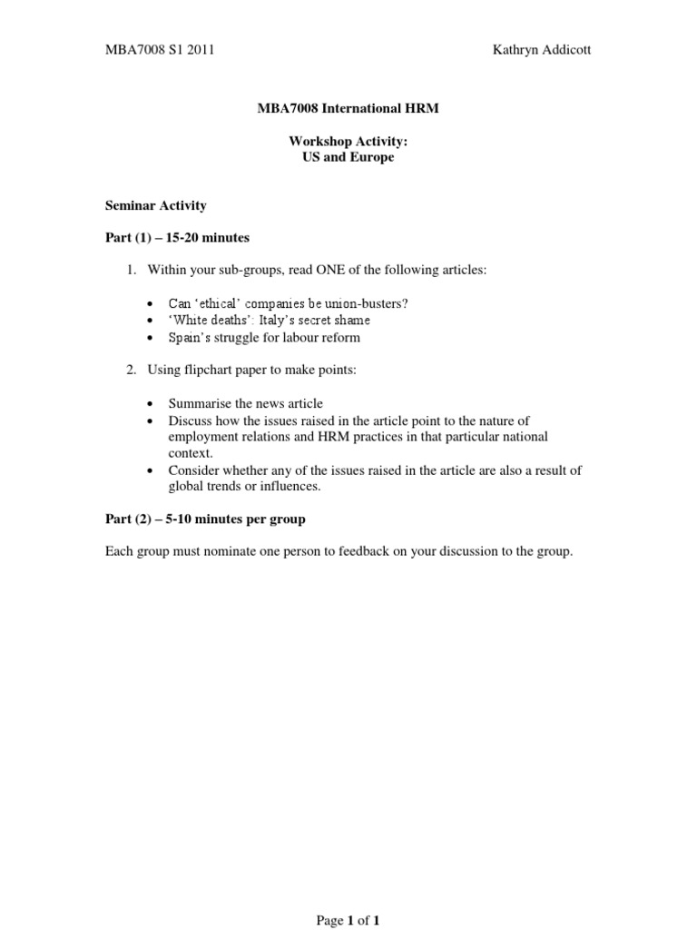 11-12 MBA Workshop Activity US and Europe | PDF | Social Science