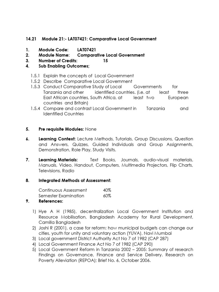 Comparative Local Government Module | PDF